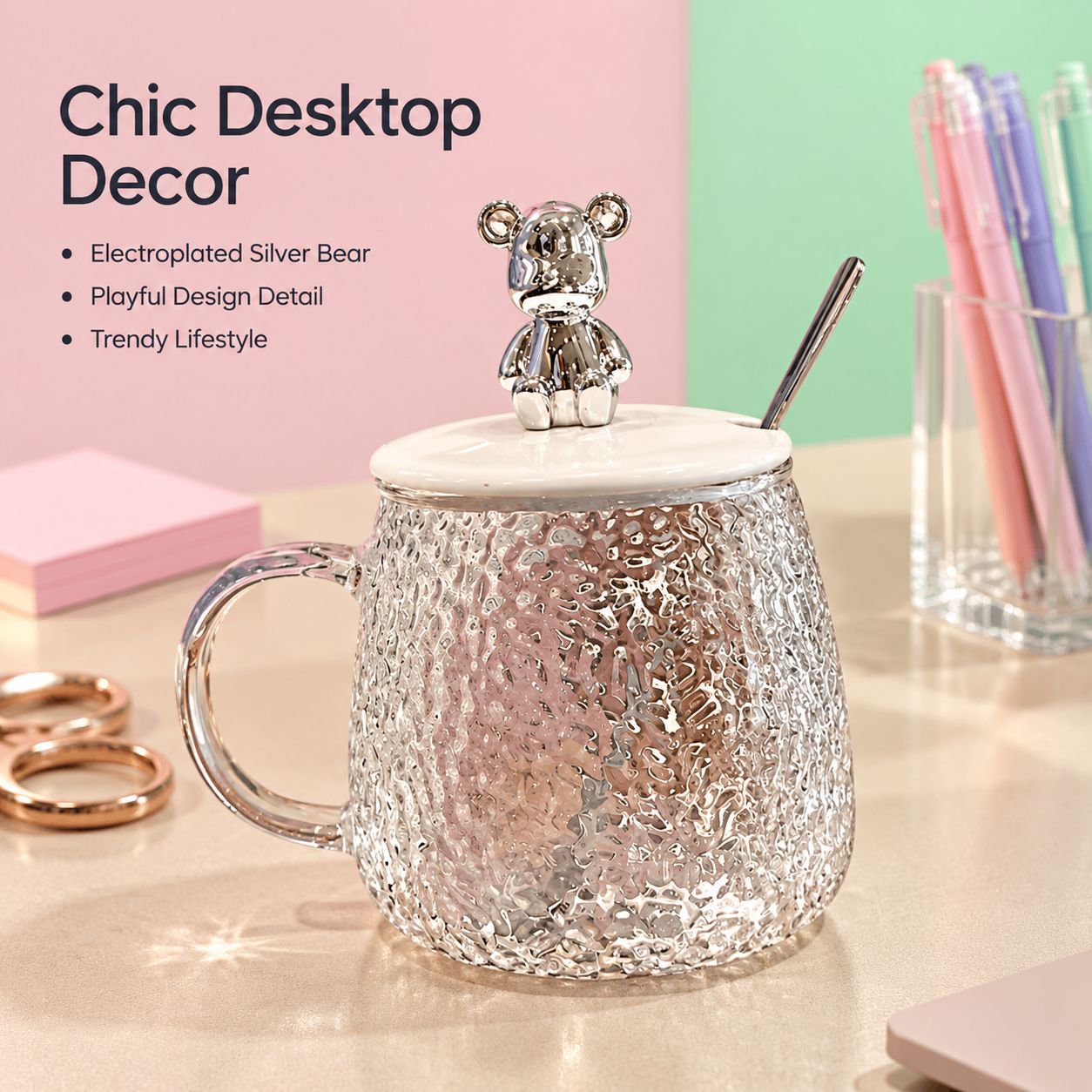 Glass Bear Mug with Lid, Large Belly