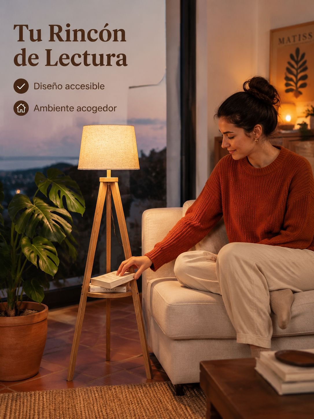 Lámpara de pie de salón con trípode de madera maciza