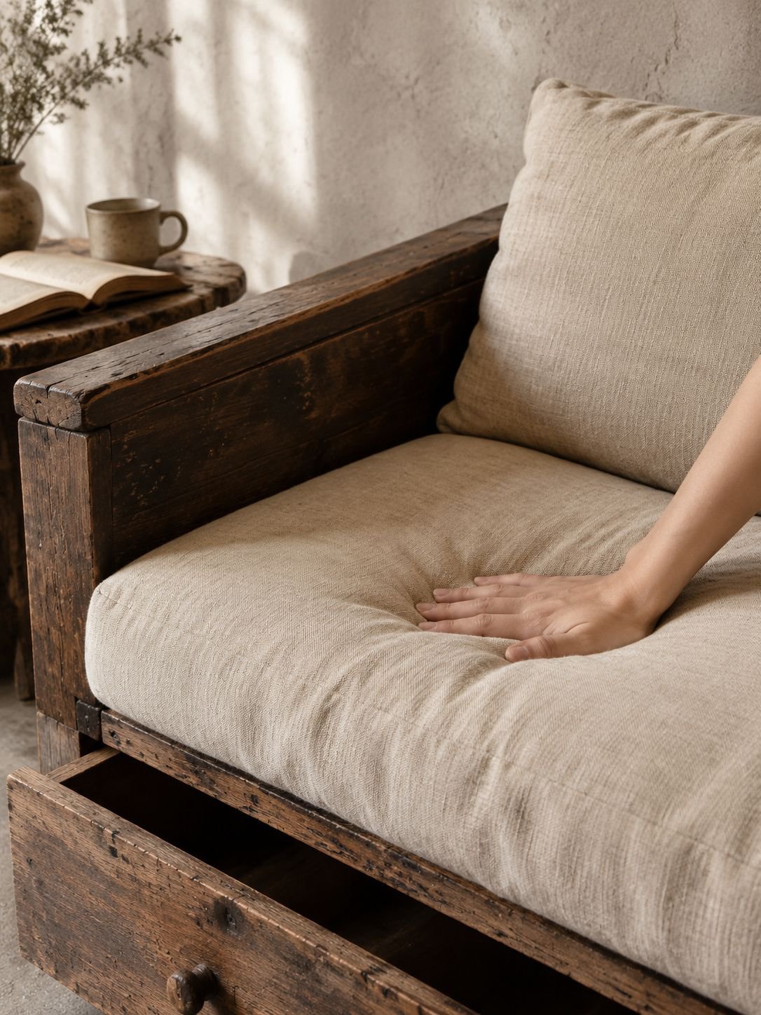 Detailaufnahme des Antik-Finishs auf dem Massivholzsofa