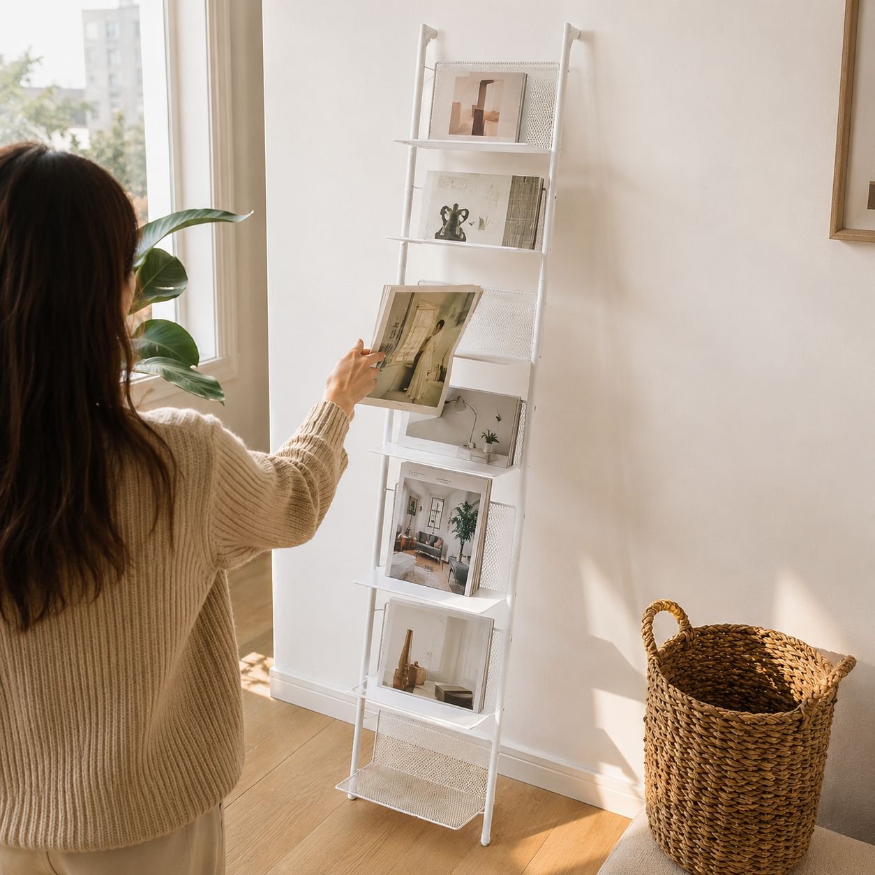 Magazine and newspaper rack with sleek design