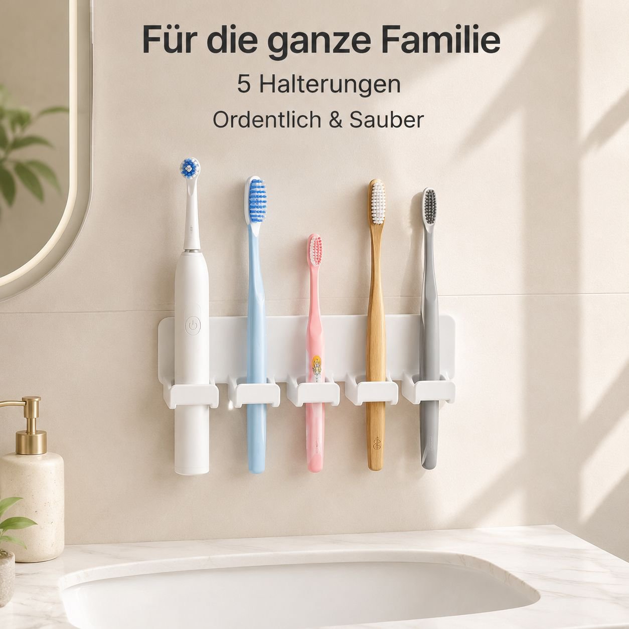 Bohrfreie, schlichte Wand-Zahnbürstenhalterung mit 5 Steckplätzen