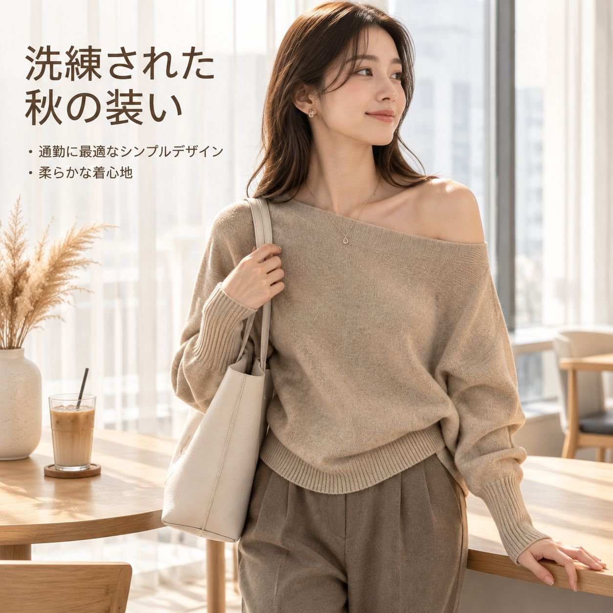 カーキ オフショルダー ニット レディース 秋 上品 ルーズ セーター インナー トップス