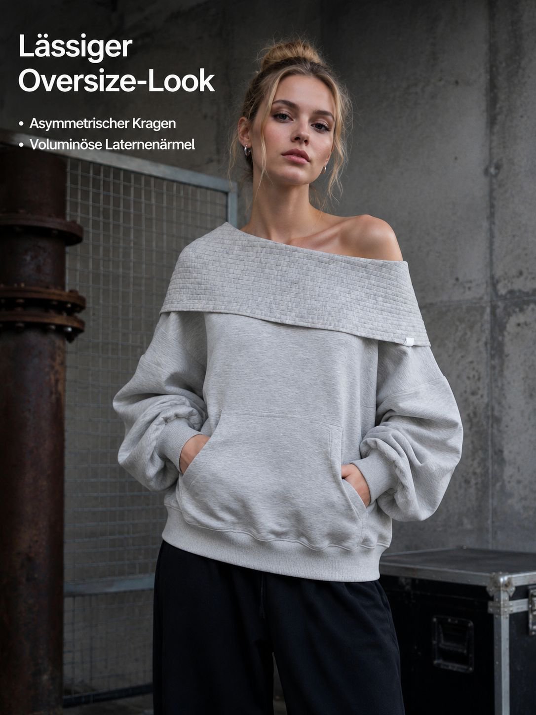 Amerikanischer Oversize Hoodie Damen Grau mit schräger Schulter, Streetwear im Dystopie-Stil