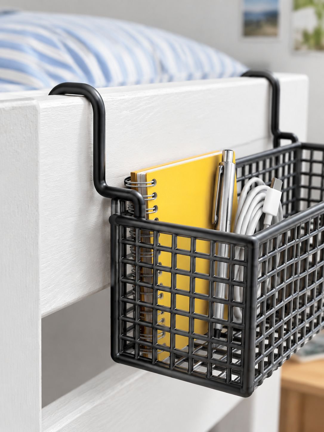 Modern black bedside basket for small bedrooms
