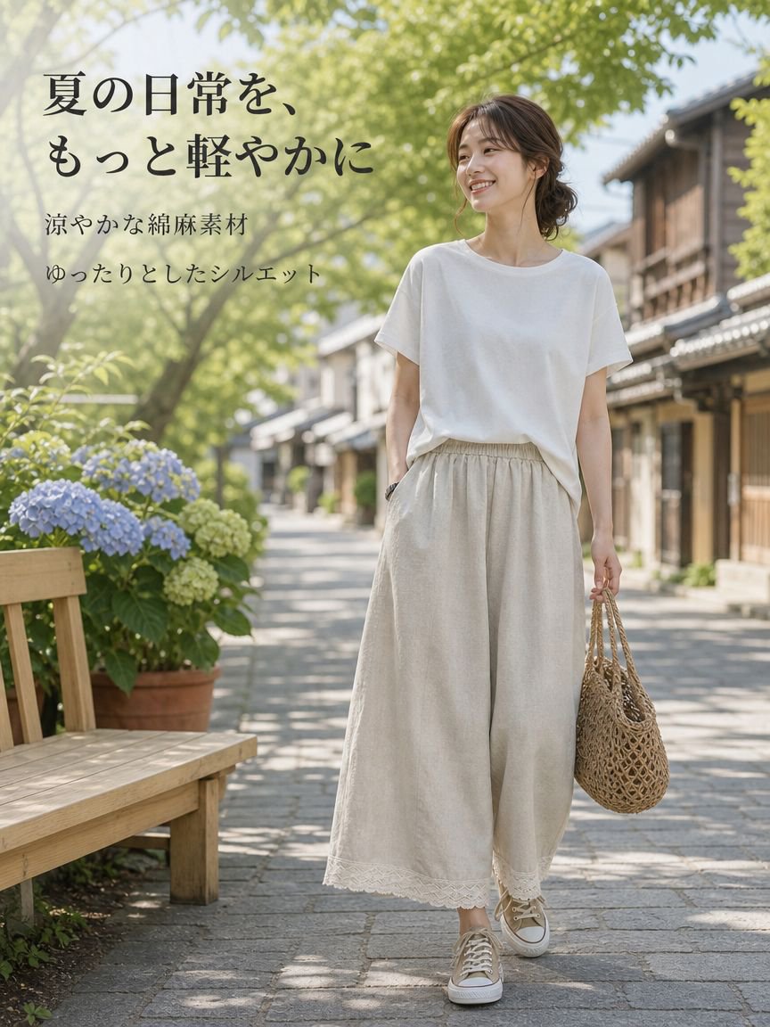 レディースのコットンリネン混紡ワイドレッグパンツ。夏の新作スタイルで、ゆったりとしたフィット感、着回し力抜群。裾にはレースのトリム、若々しいストレートレッグデザイン。