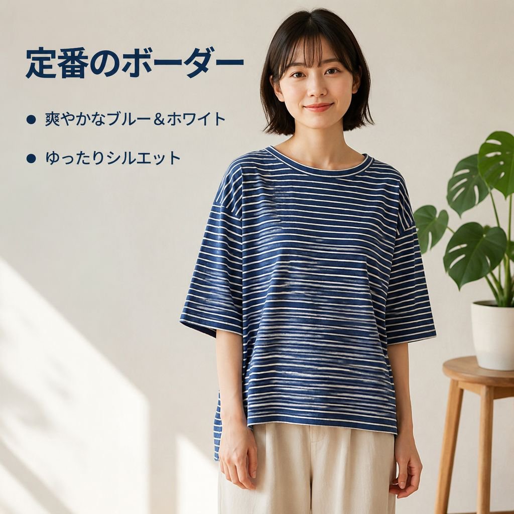 日本風ブルーストライプ ゆったり細見え カジュアル半袖Tシャツ