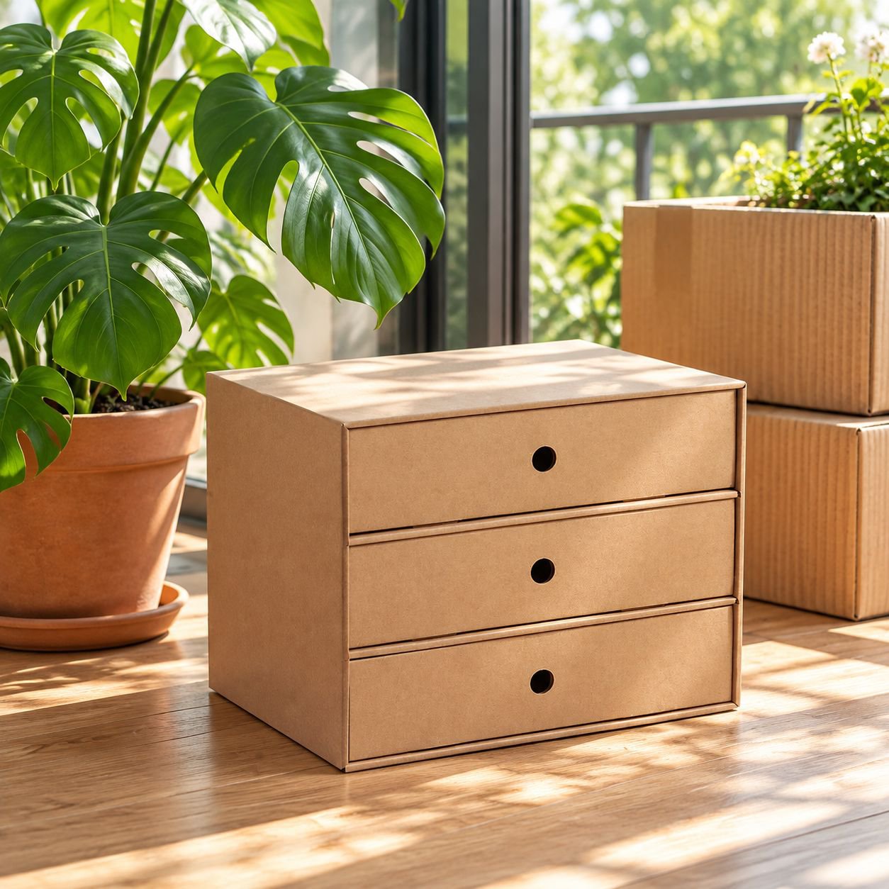 Desk with organized files using a multi-functional storage box