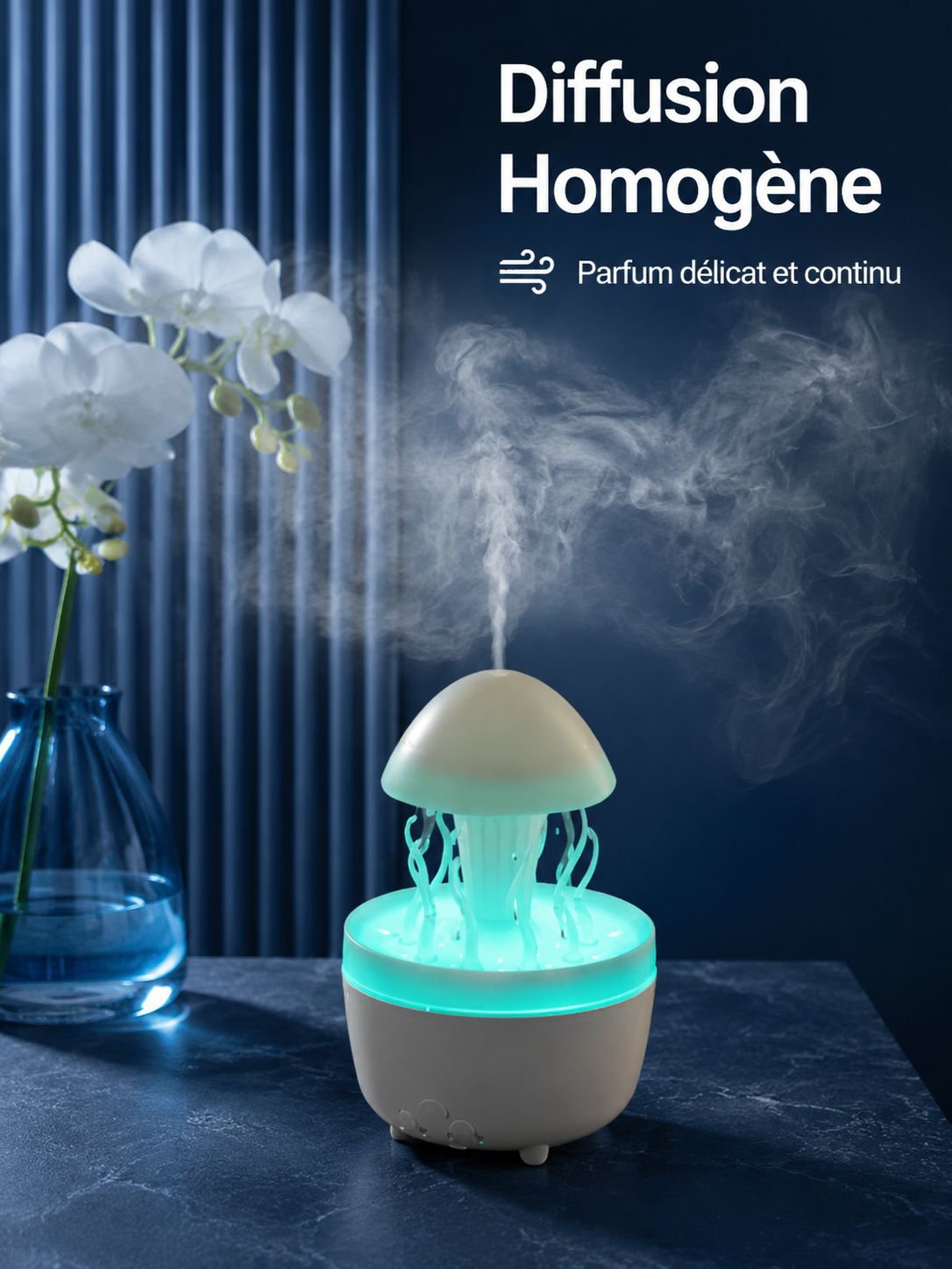 Diffuseur d’huiles essentielles en forme de méduse tournante avec gouttes de pluie