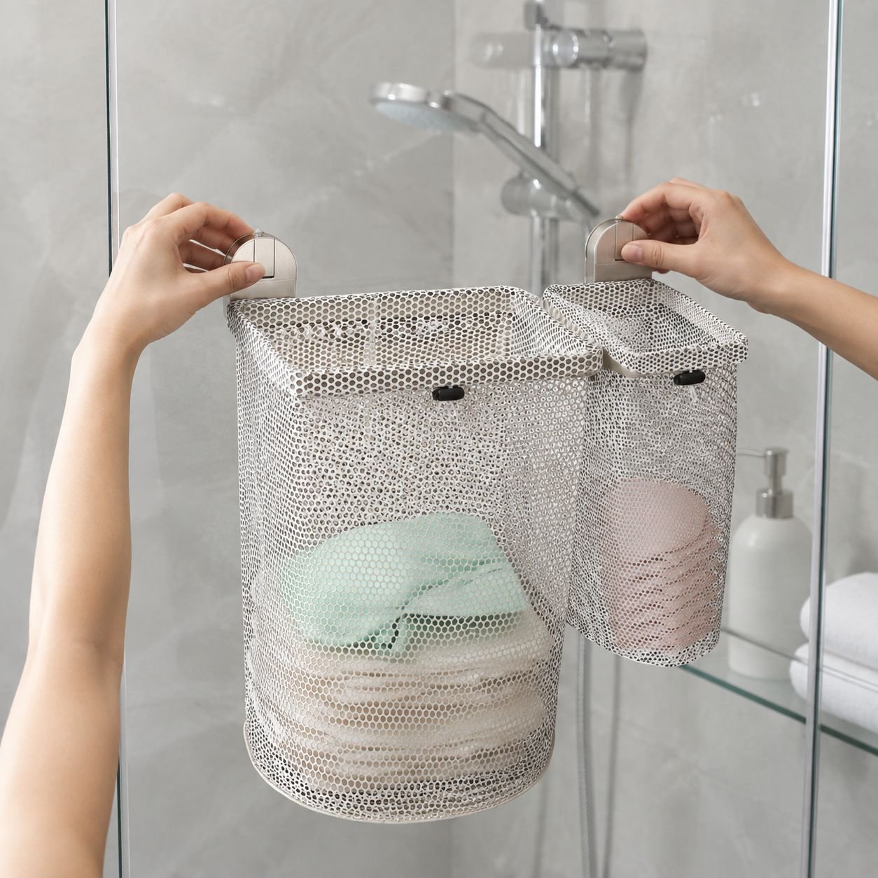 Double Suction Cup Wall-Mounted Foldable Breathable Laundry Basket, Suitable for Bathroom