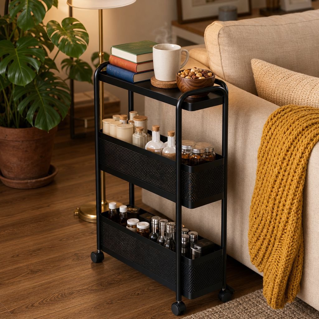 Durable and sturdy kitchen storage rack for fridge side