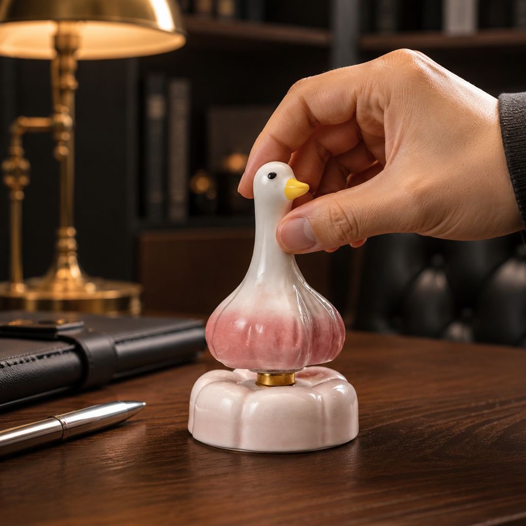 Close-up of garlic duck figurine rotating