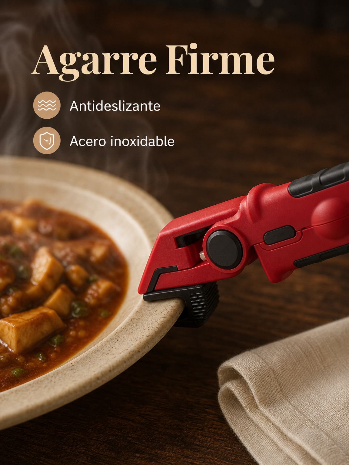 Pinza 4 en 1 antideslizante y resistente al calor para platos