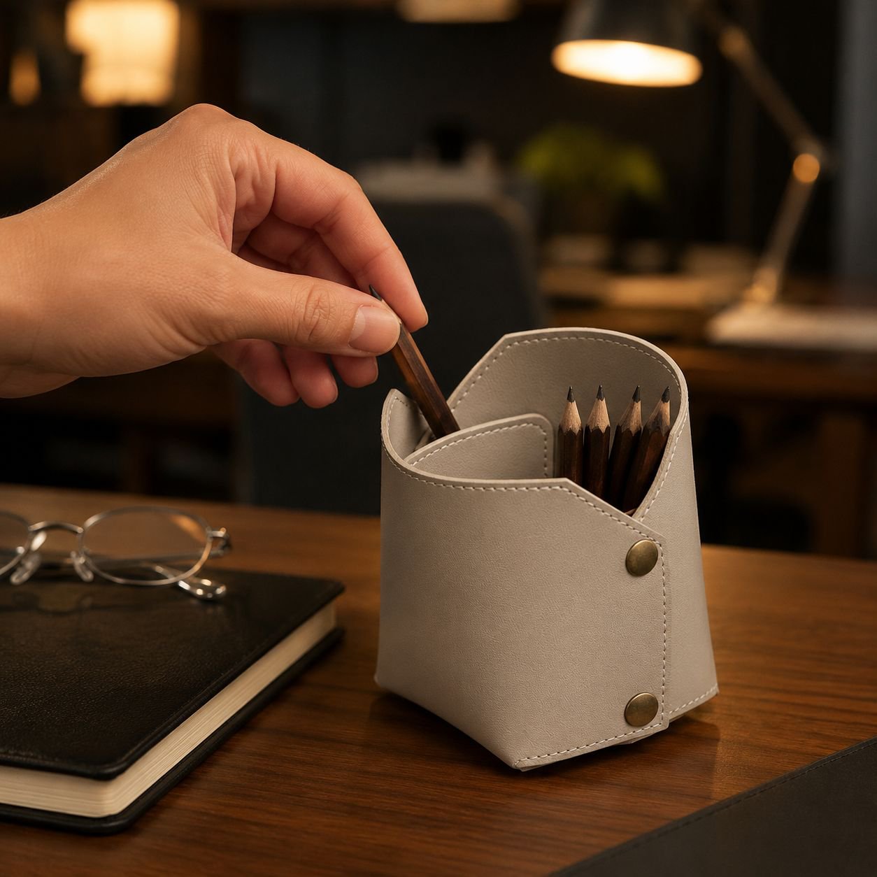 Soporte de cuero para bolígrafos de escritorio