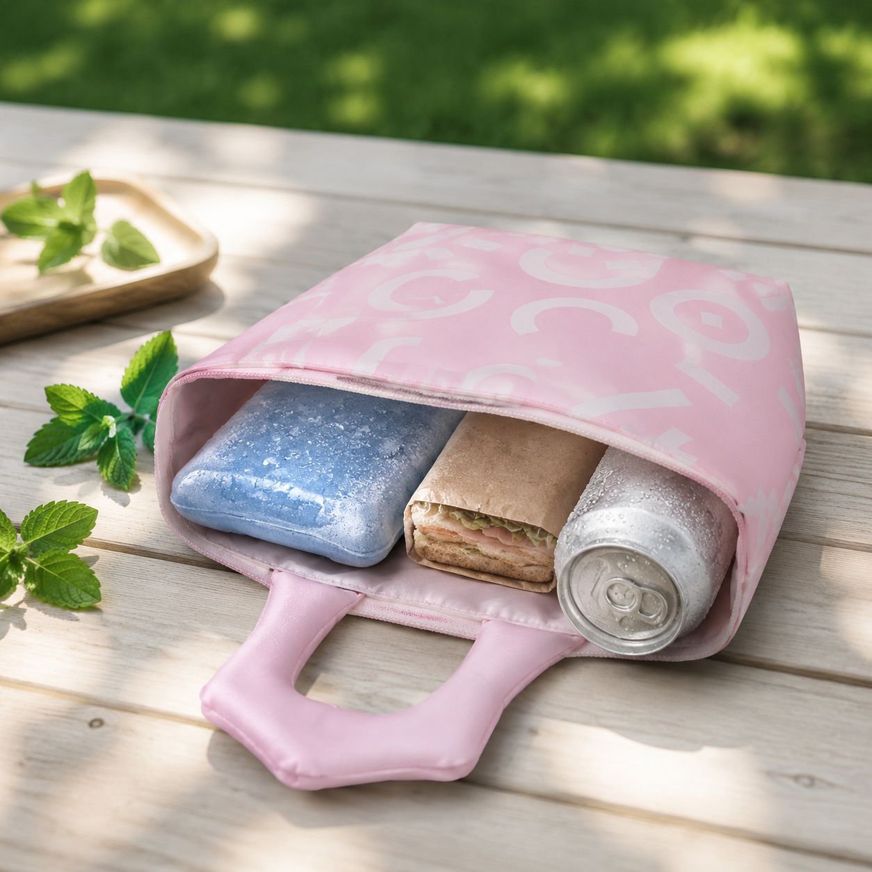 Lunch bag placed on desk with office supplies