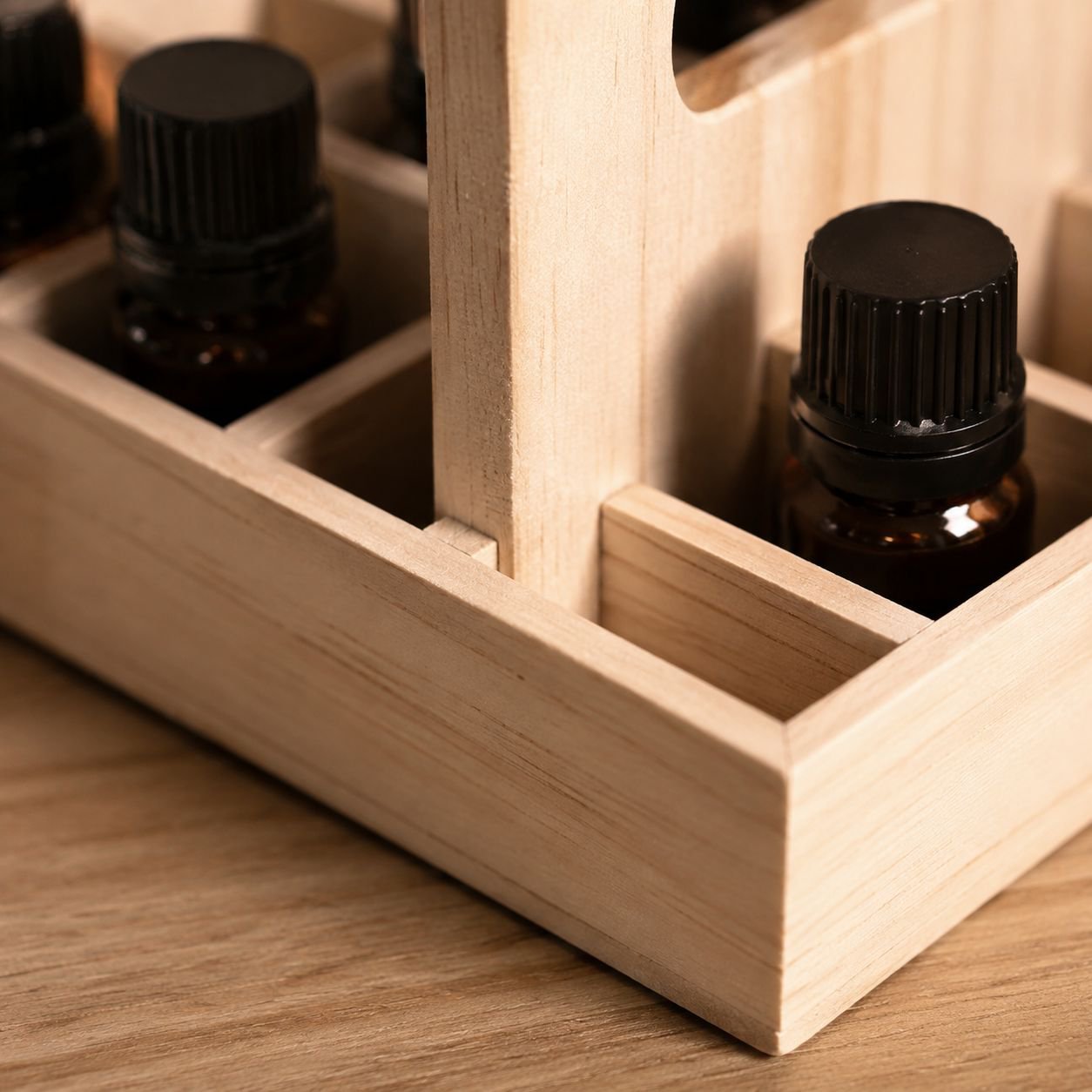 Elegant wooden display stand for essential oil bottles