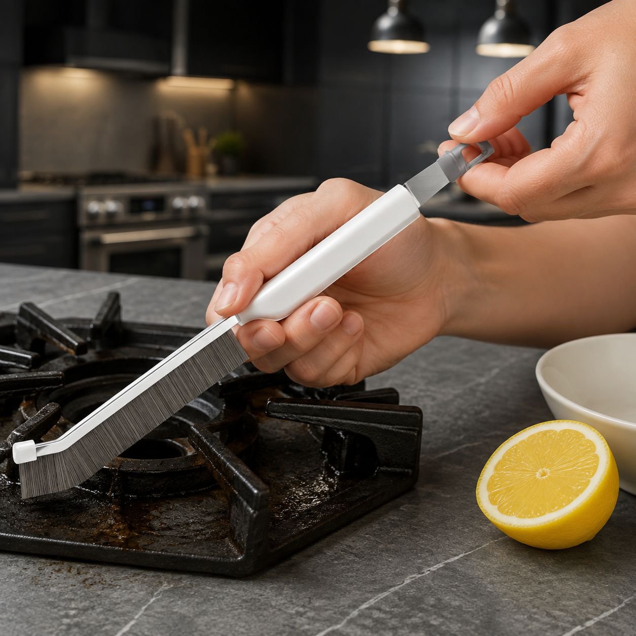 Ergonomic handle on stainless steel cleaning brush