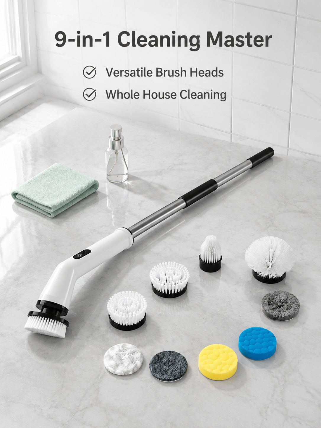 Multi-functional Electric Cleaning Brush Set, Adjustable Length, 9-in-1 Detachable for Bathroom