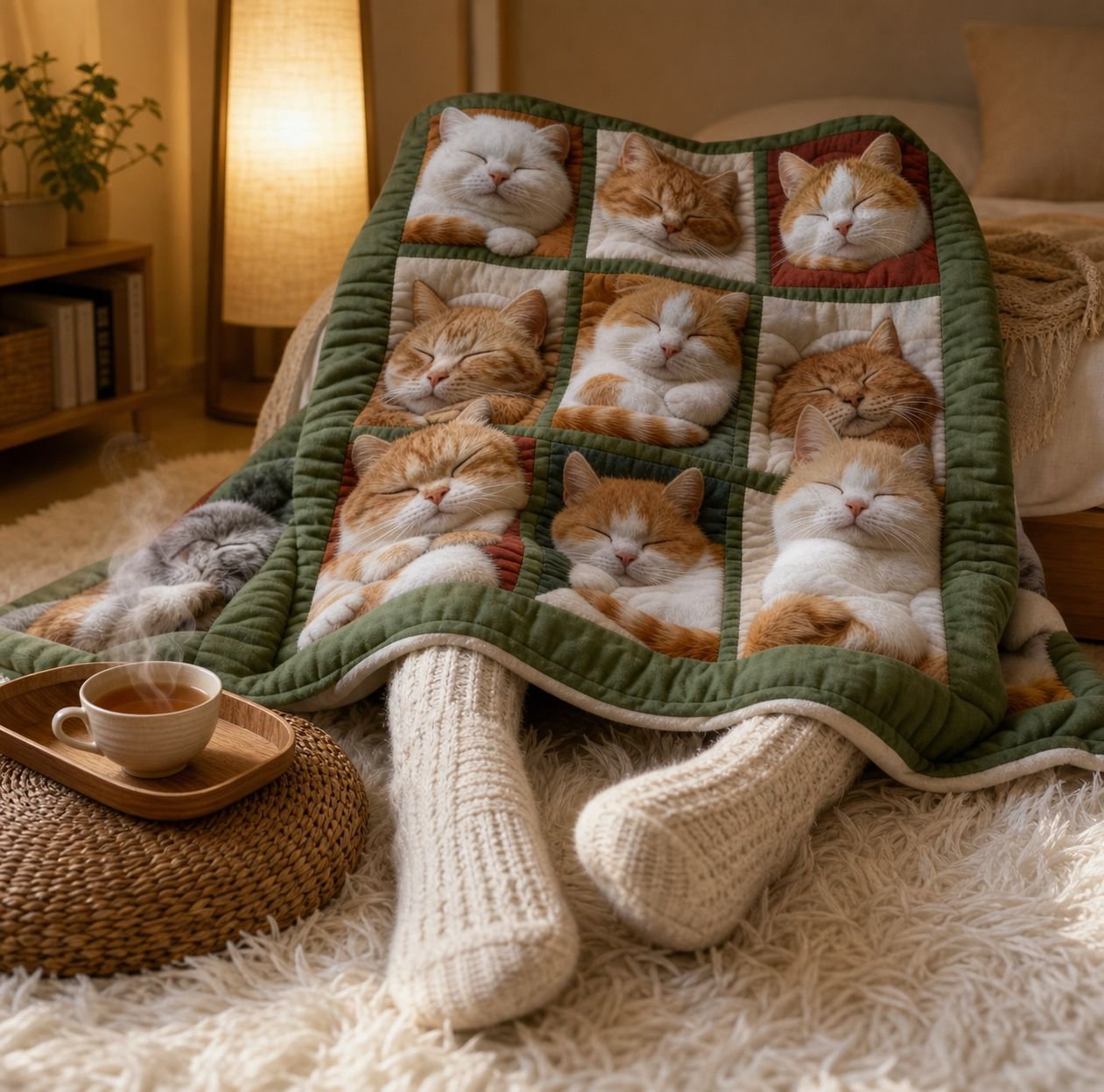 Adorable retro cat blanket displayed in living room