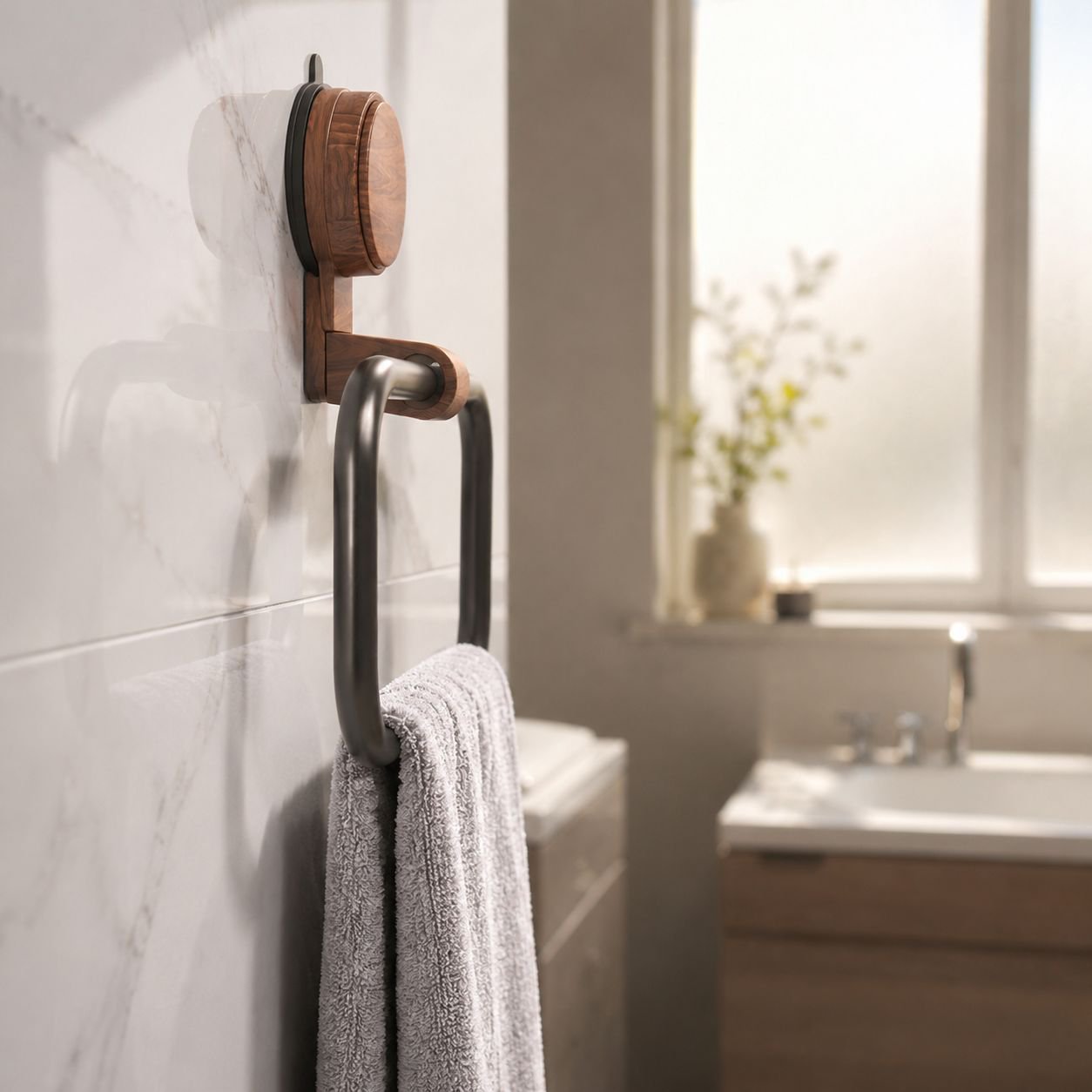 Nordic style walnut towel hanger mounted on wall
