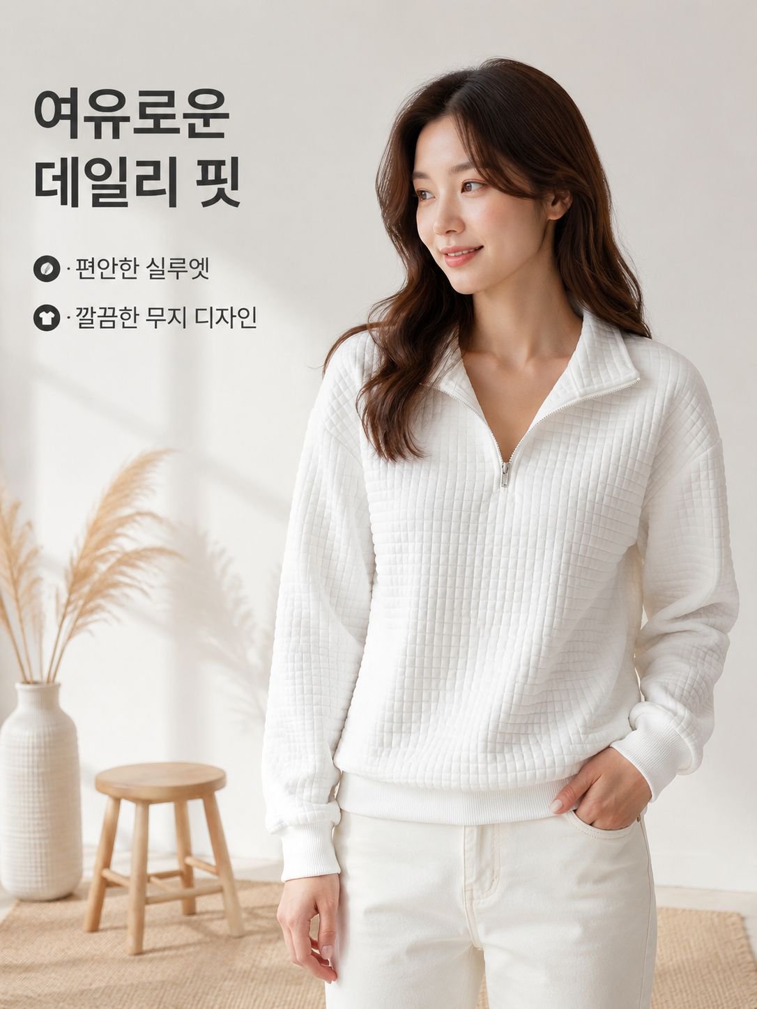 편안하고 여유로운 와플 패턴의 무지 스탠드 칼라 지퍼 긴팔 배색 여성용 맨투맨