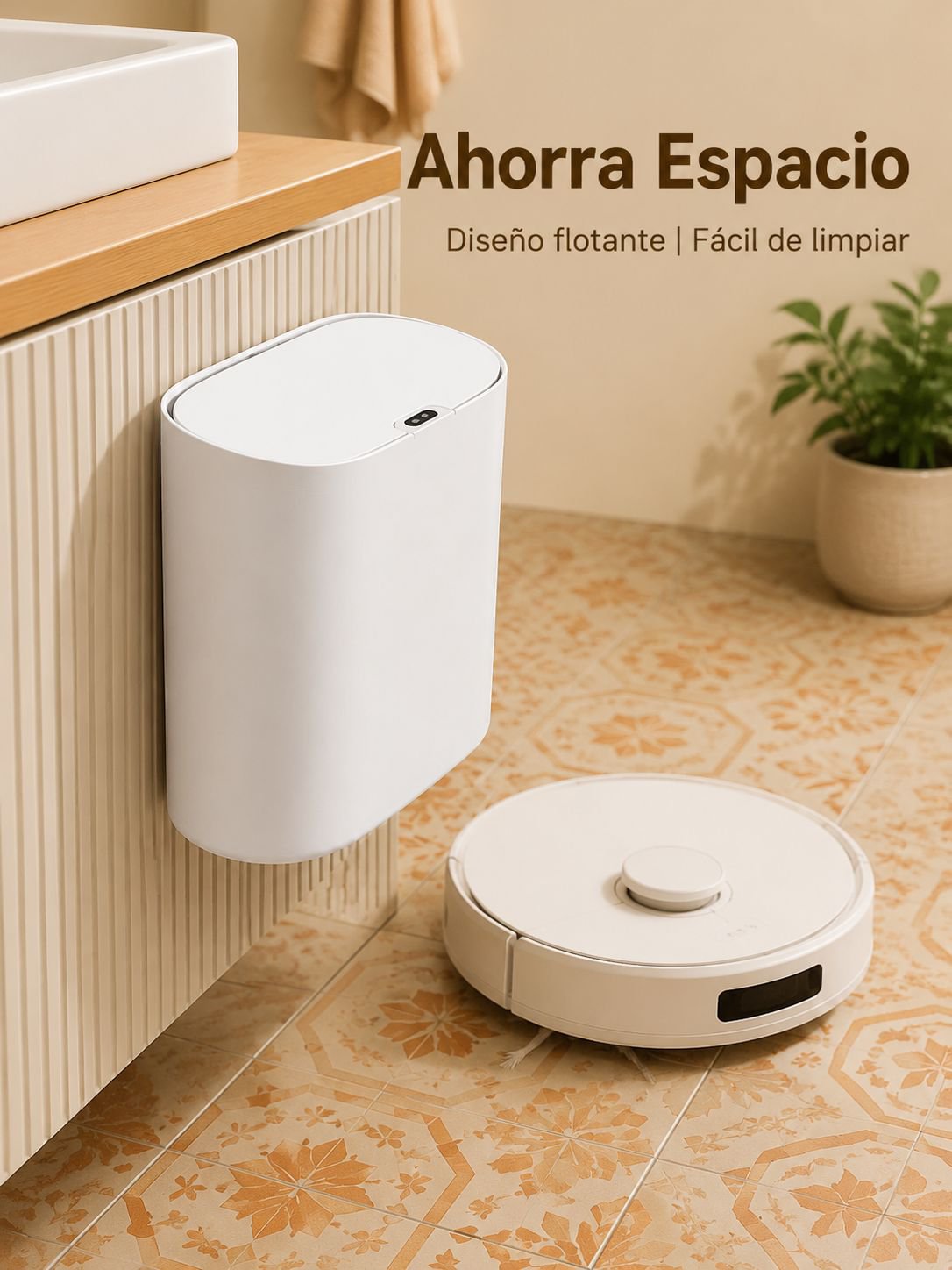 Cubo de basura inteligente para baño, apertura por sensor, diseño colgante para espacios reducidos