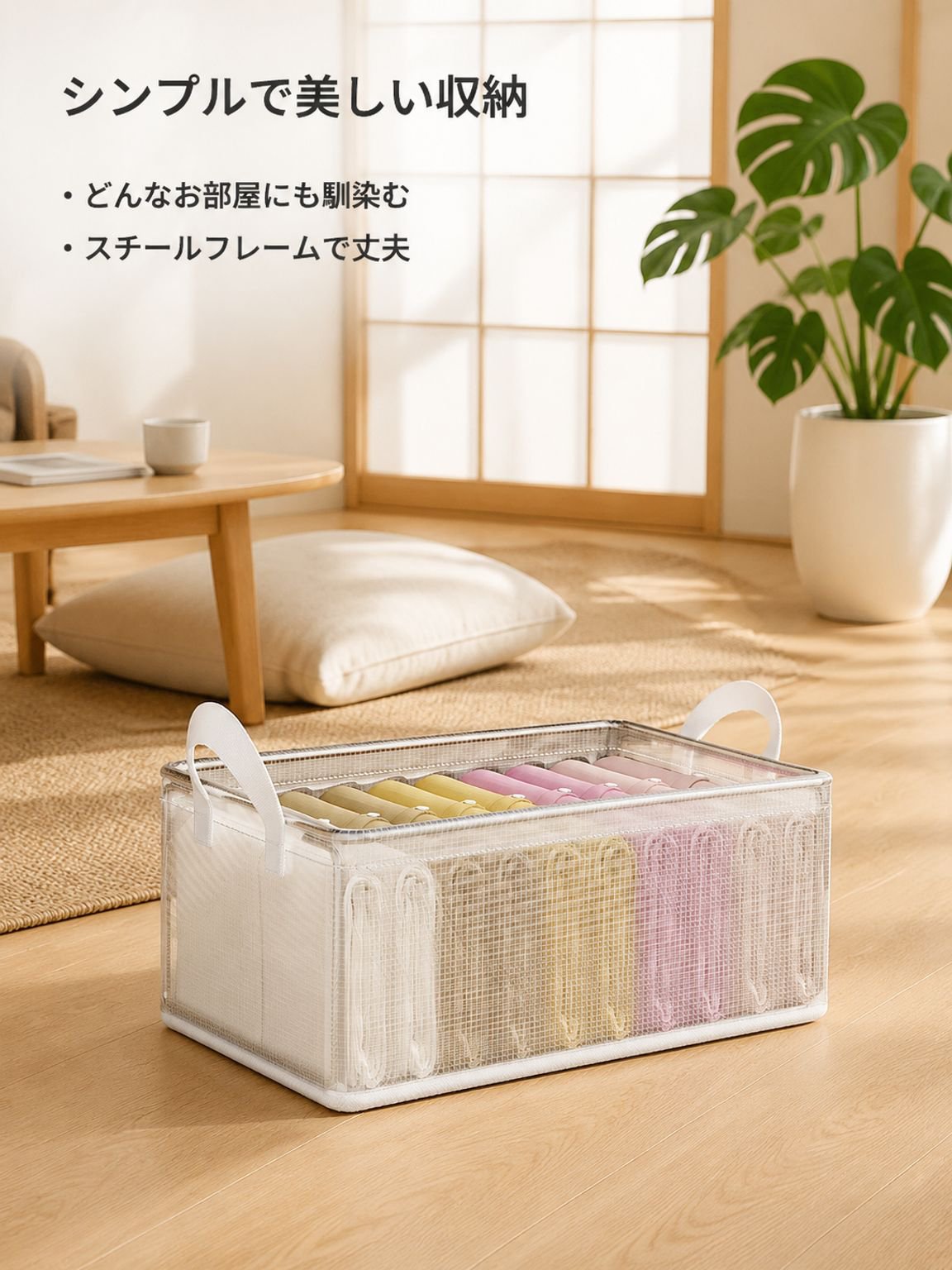 大容量家庭用透明収納ボックス、折りたたみ＆蓋付き、ワードローブ収納に最適。