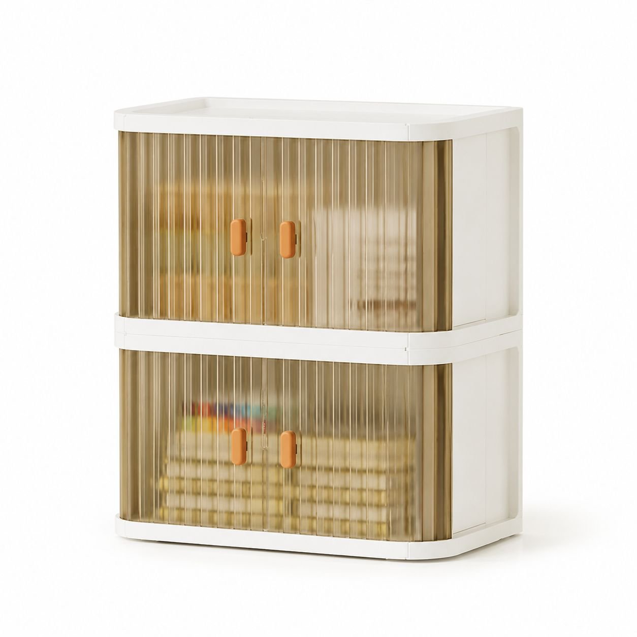 Close-up of vanity organizer cabinet handles and drawers