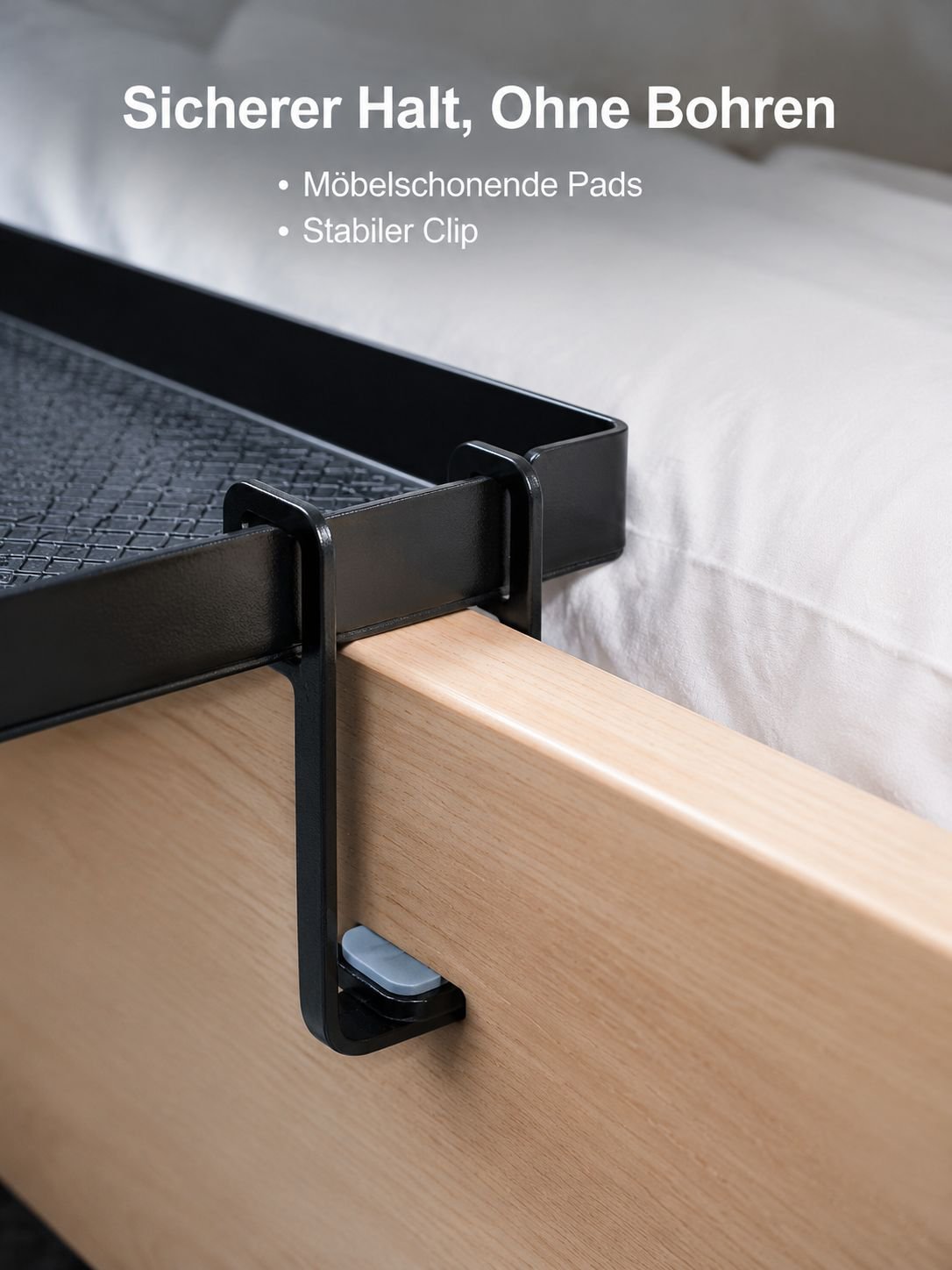Bett-Side Organizer mit Clip – Telefonhalter und Ablage, bohrfrei
