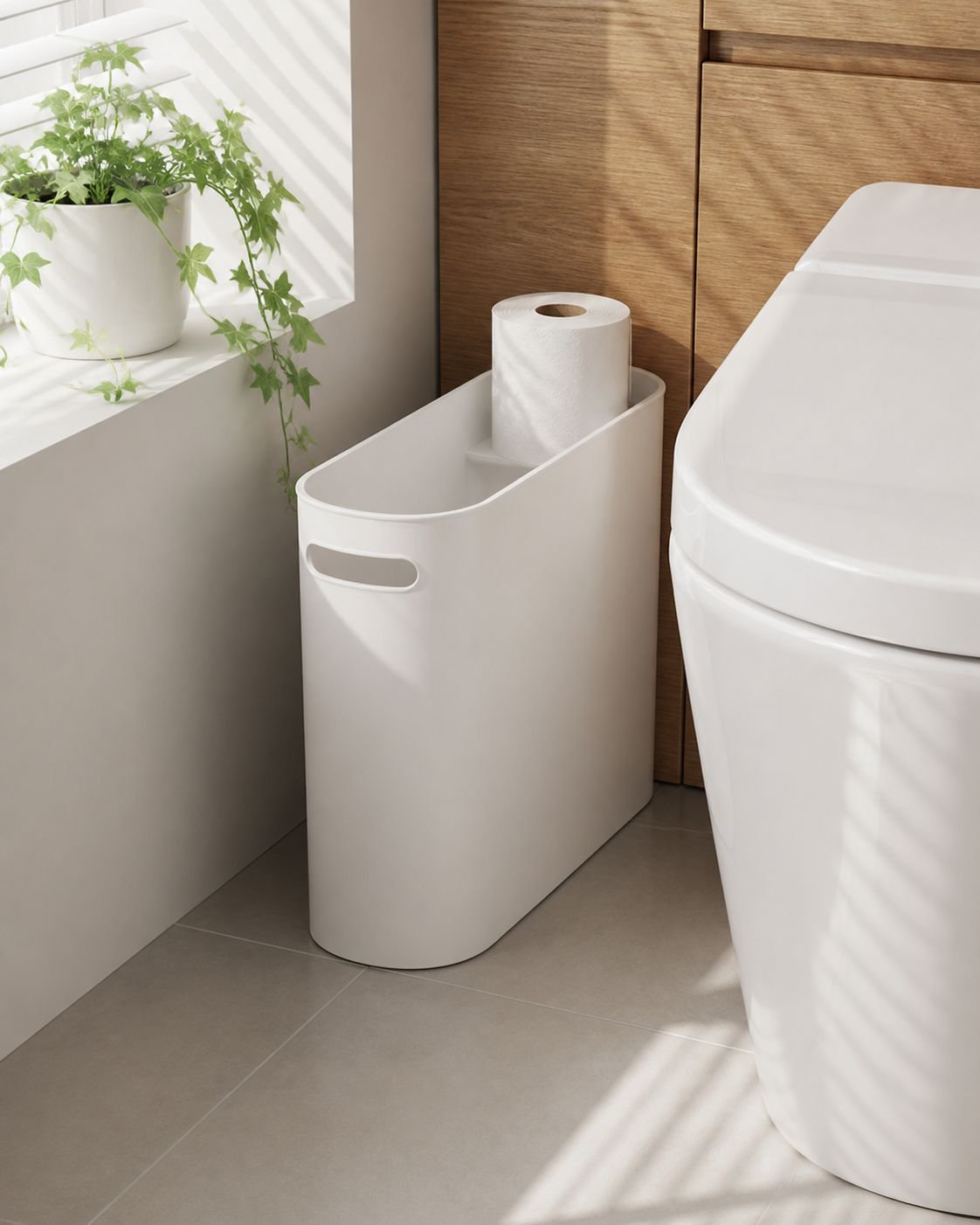 Tall slim trash can for compact spaces