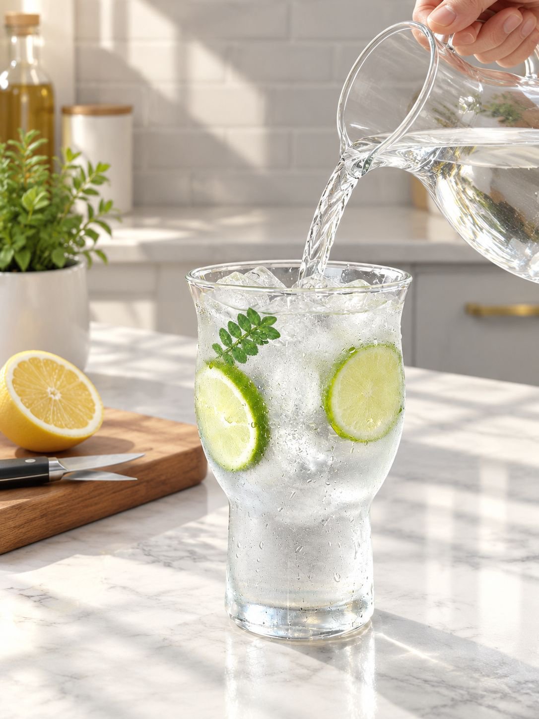 Wide mouth glass cup filled with iced tea