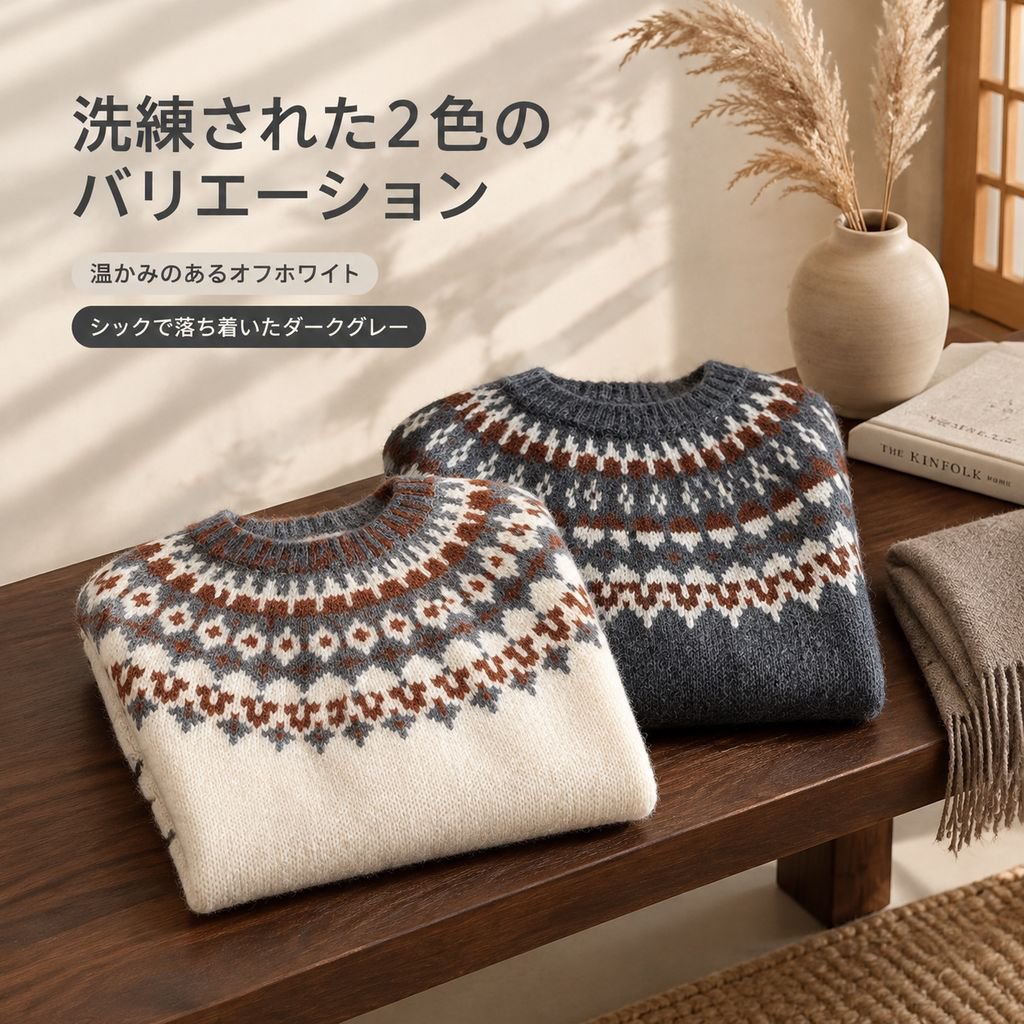 メンズ ノルディック柄 クルーネック ニットセーター 秋冬 厚手 ざっくり編み プルオーバー
