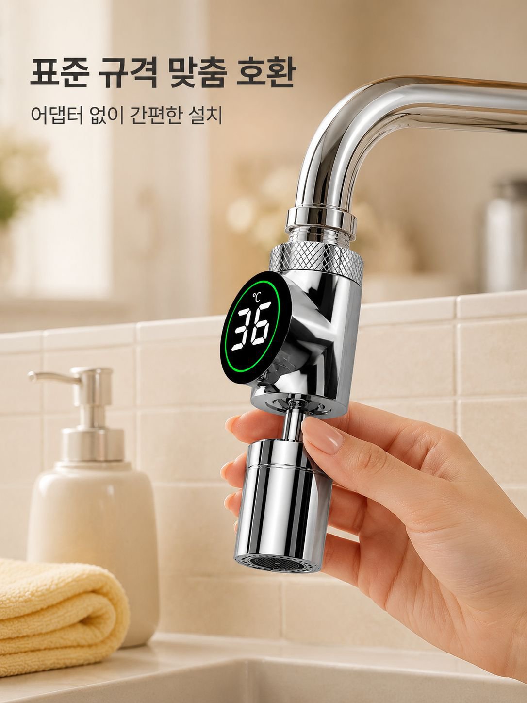 User adjusting flexible faucet spout extender
