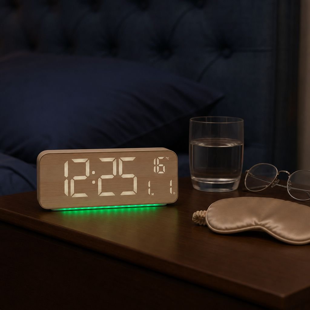 Stylish Nordic Woodgrain Fabric Table Clock with Large LED Display, Date and Day of the Week