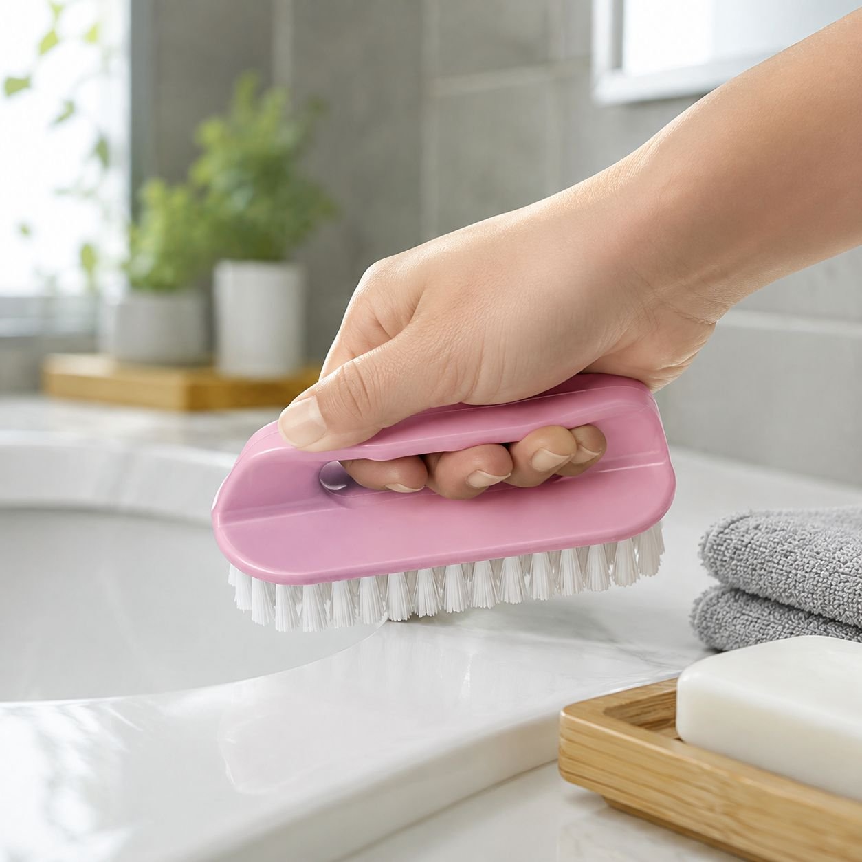 Hard bristle plastic laundry brush for household cleaning