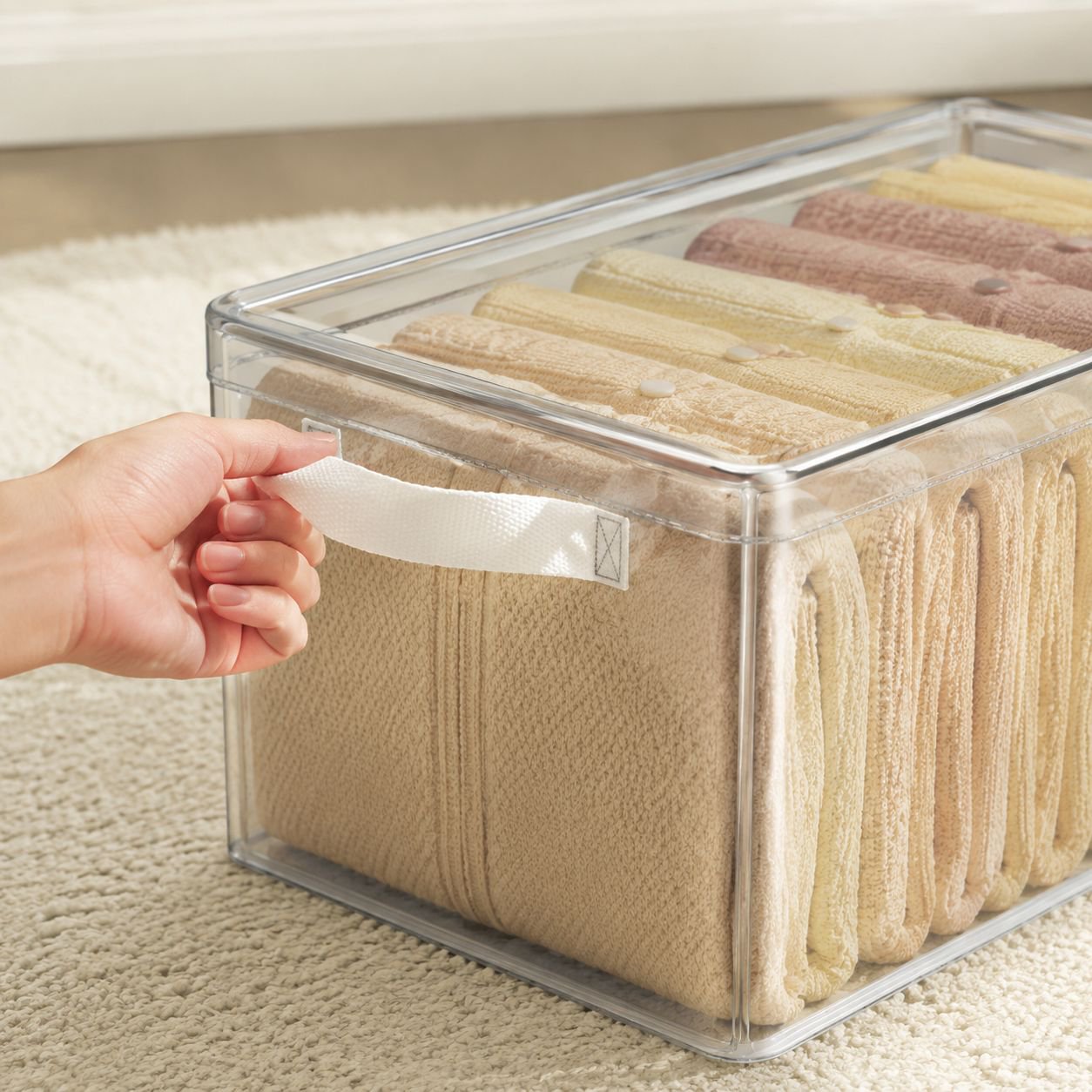 Open transparent storage bin displaying steel frame structure