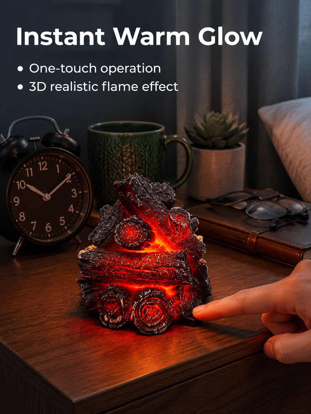 Decorative flameless charcoal light creating a cozy fireside atmosphere