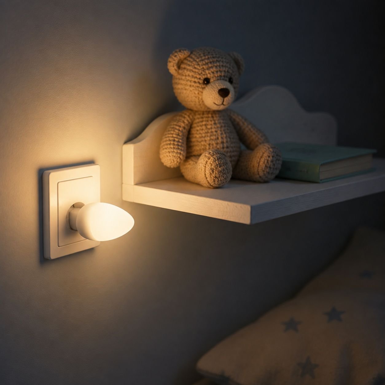 Modern faux holiday ambient lamp on a bedside table