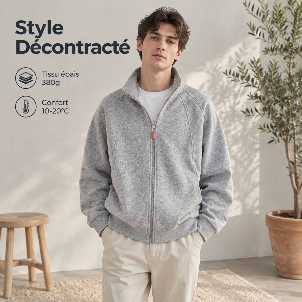 Blouson décontracté à col montant doublé pour homme automne