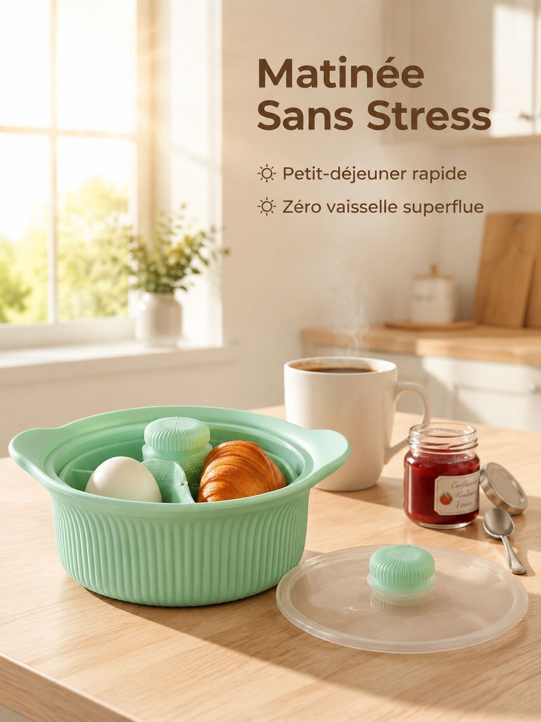Cuiseur à vapeur multifonction en silicone pour micro-ondes, conception à trois compartiments