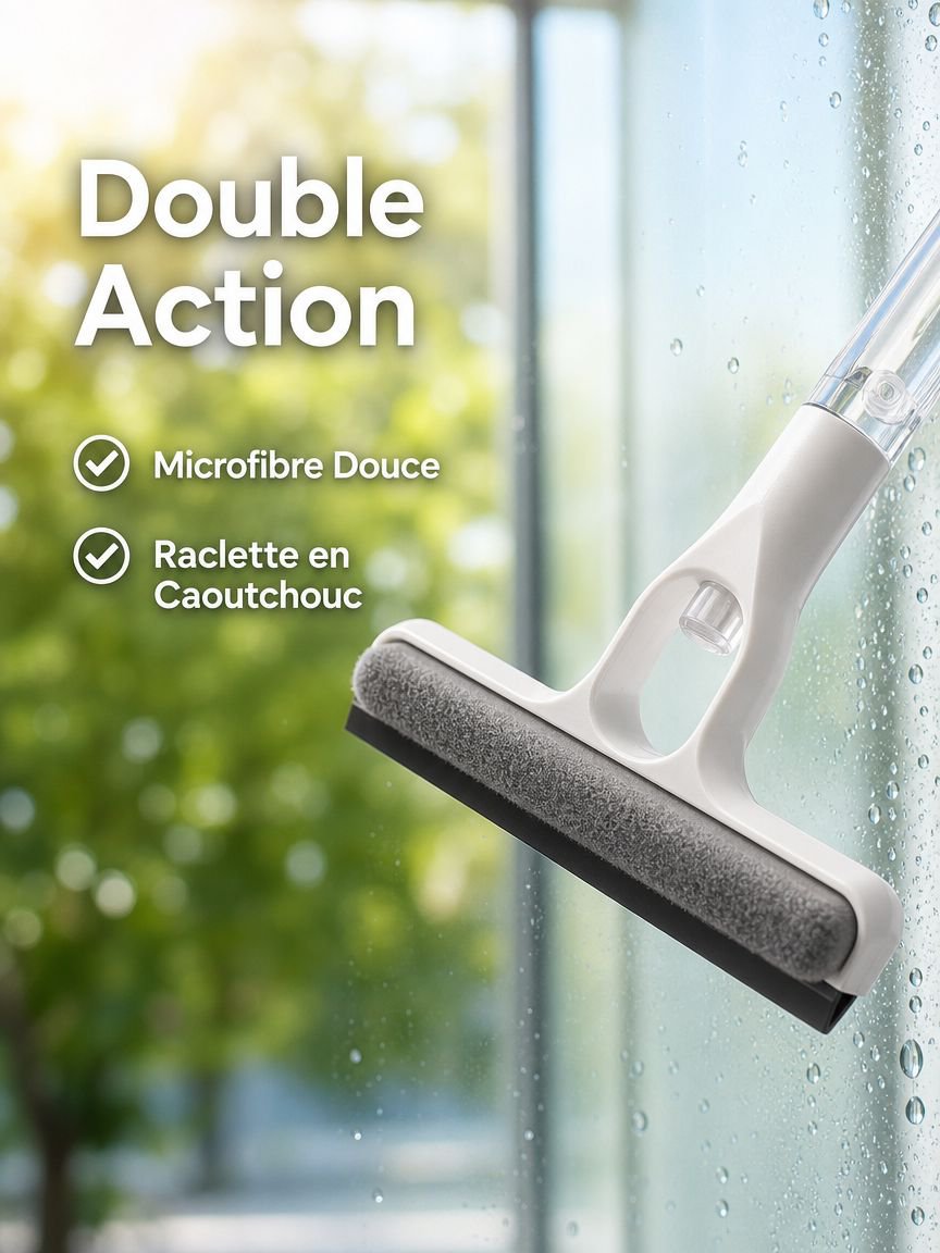 Nettoyeur de vitres double face avec pulvérisateur et raclette allongée
