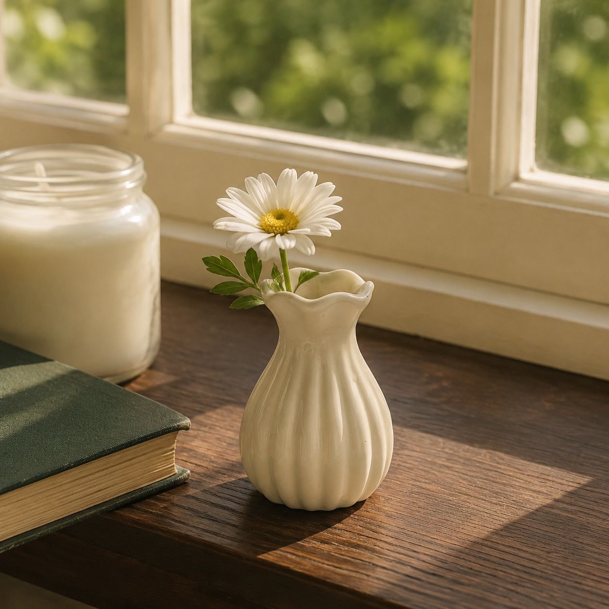 Mini ceramic vase with artificial flowers on table