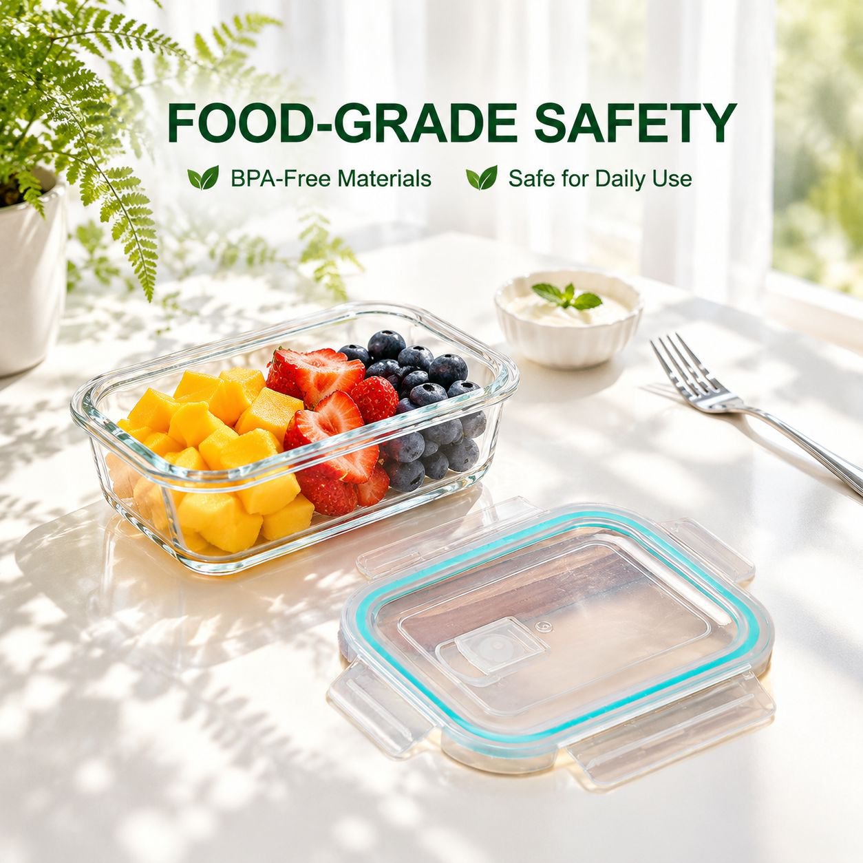 Microwave Safe Divided Glass Bento Lunch Box with Lid Food Storage Container