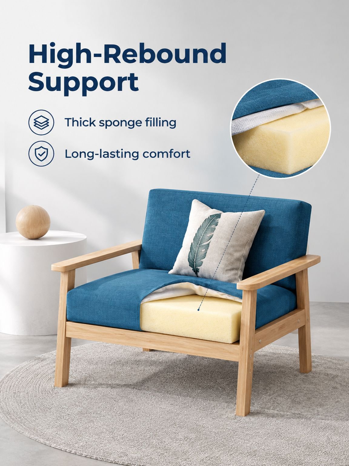 Upholstered fabric armchair with supportive armrests