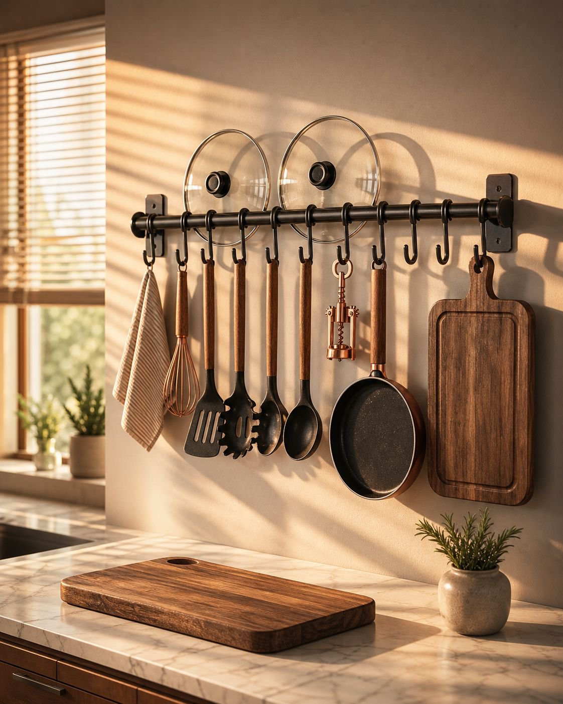 Wall-mounted racks for organizing kitchen tools