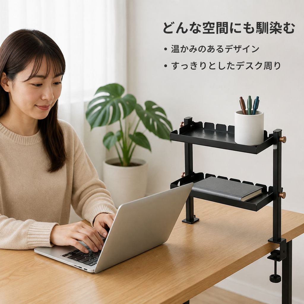 デスク用クランプ式二層収納棚 穴あけ不要 折りたたみトレー パンチングボード＆フック両用 オフィス机省スペース ブラック