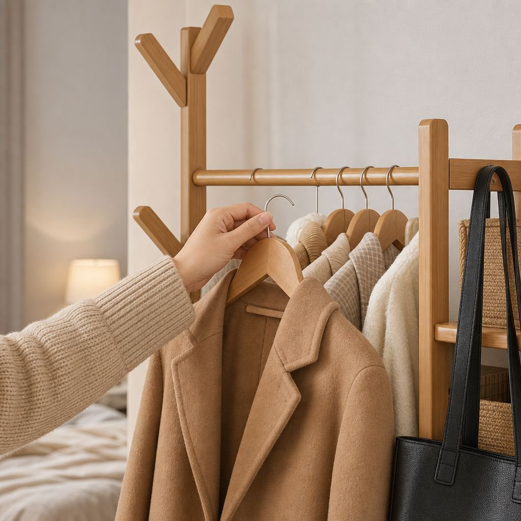 Elegant wooden coat rack with spacious storage drawer
