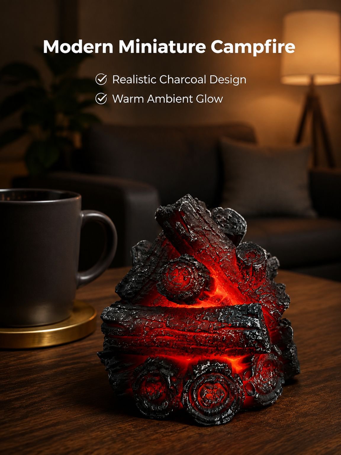 Modern Minimalist Style Resin Charcoal LED Ambient Lamp, Battery Powered, C Type