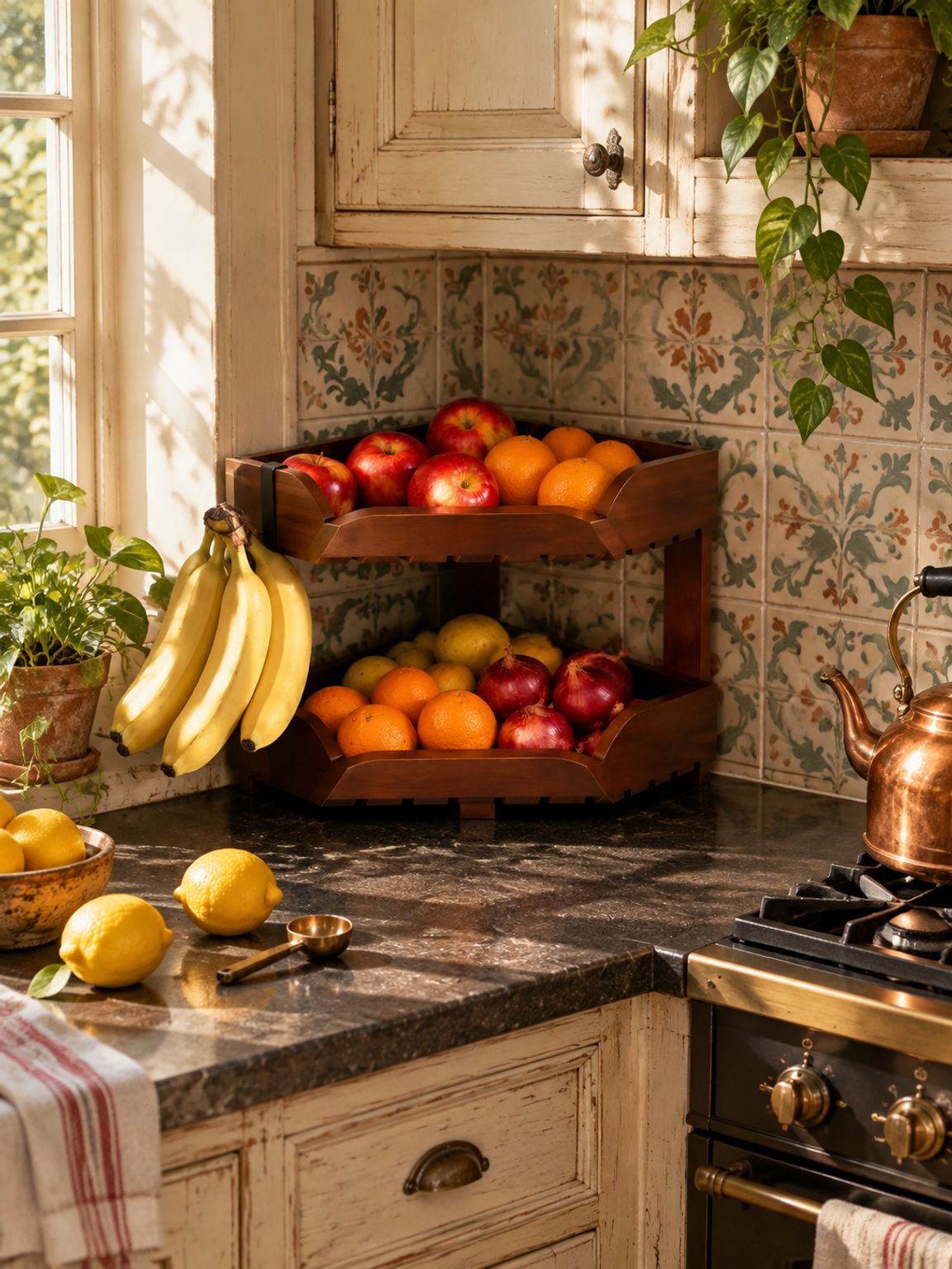 Étagère de rangement d'angle à deux niveaux pour fruits et légumes - Vue générale