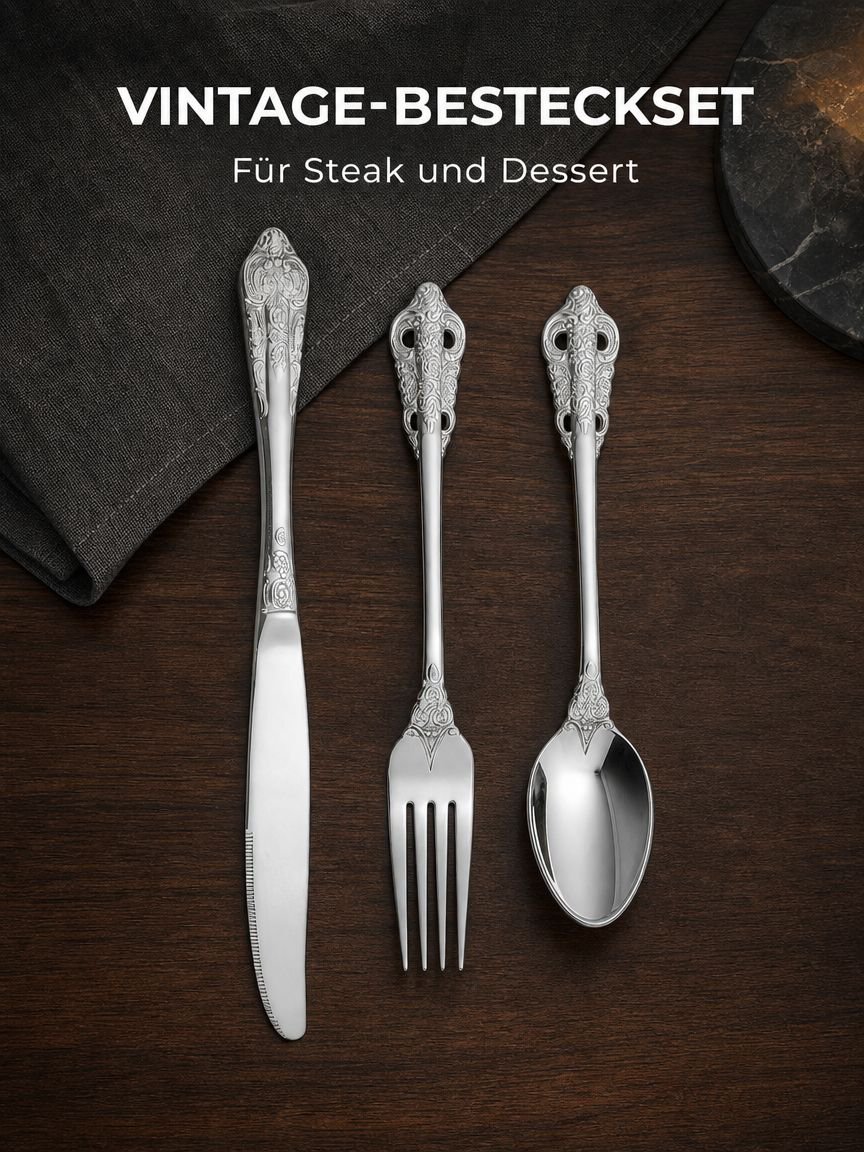 Vintage Geprägtes Edelstahl Steakbesteck und Dessertlöffel Set (410 Court Style)