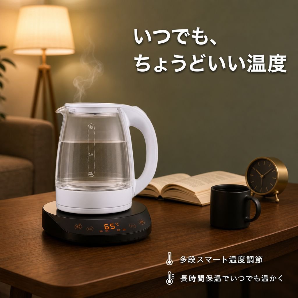 寮・家庭用 大容量ガラス電気ポット 保温付き ティー用電気ケトル